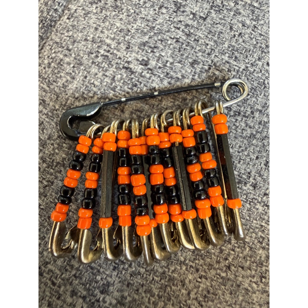 VTG 80s Friendship Beaded Safety Pin Brooch Orange Black Punk Gothic Halloween